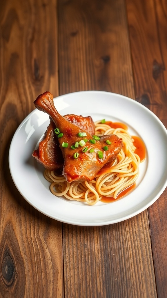 Crispy Duck Confit with Garlic Noodles Crispy duck confit on garlic noodles, garnished with green onions on a rustic table.
